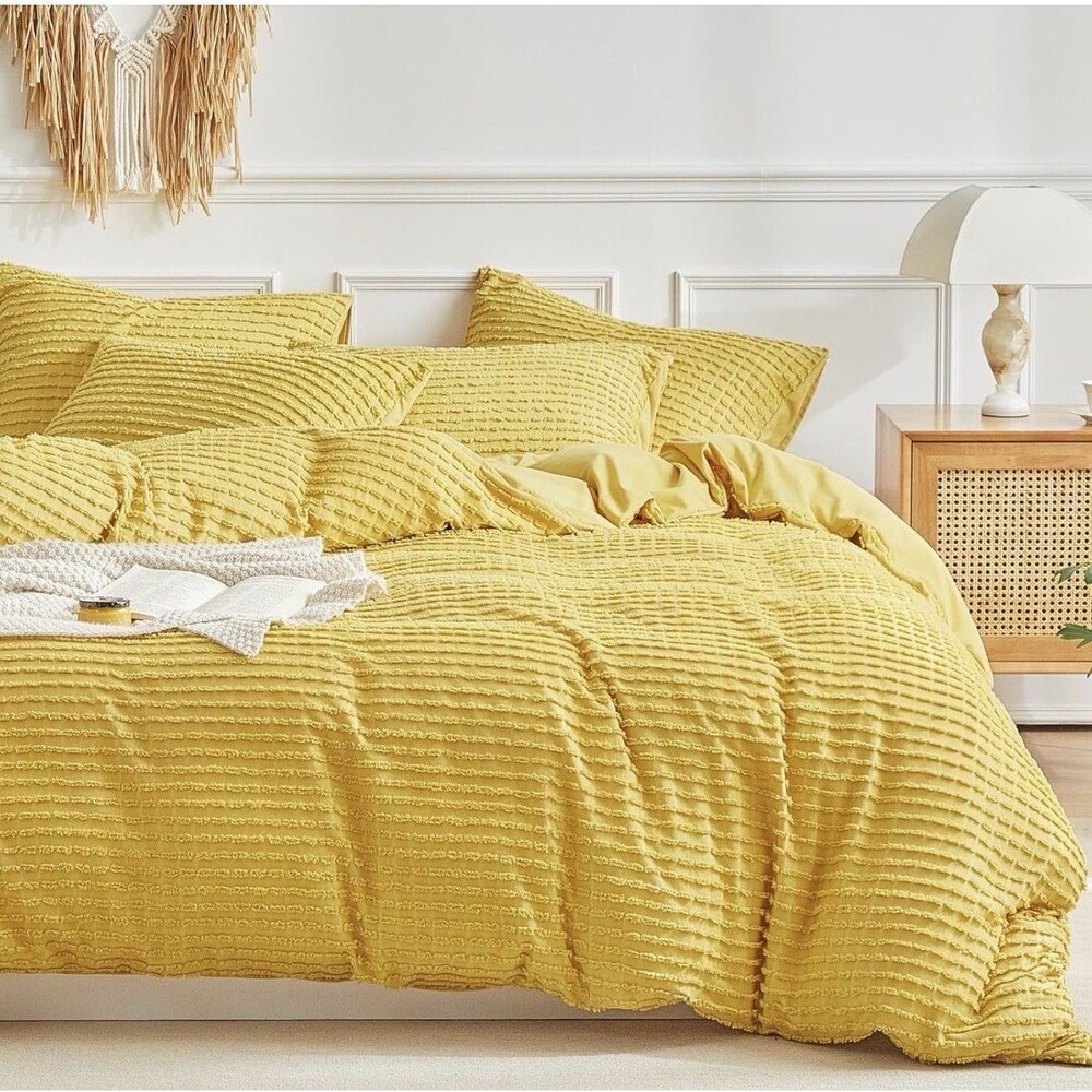 WARMDERN Yellow Boho Duvet Cover Set Twin Size, Striped Textured Duvet Cover